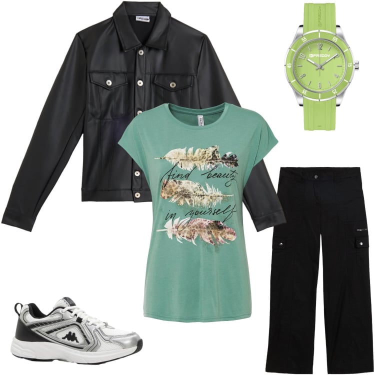 Outfit donna - Urban Look con Grafiche Nature. Stile Casual chic per Scuola/Università. Abbinamento con sneakers, pantaloni cargo, t-shirt, giacche, orologi.
