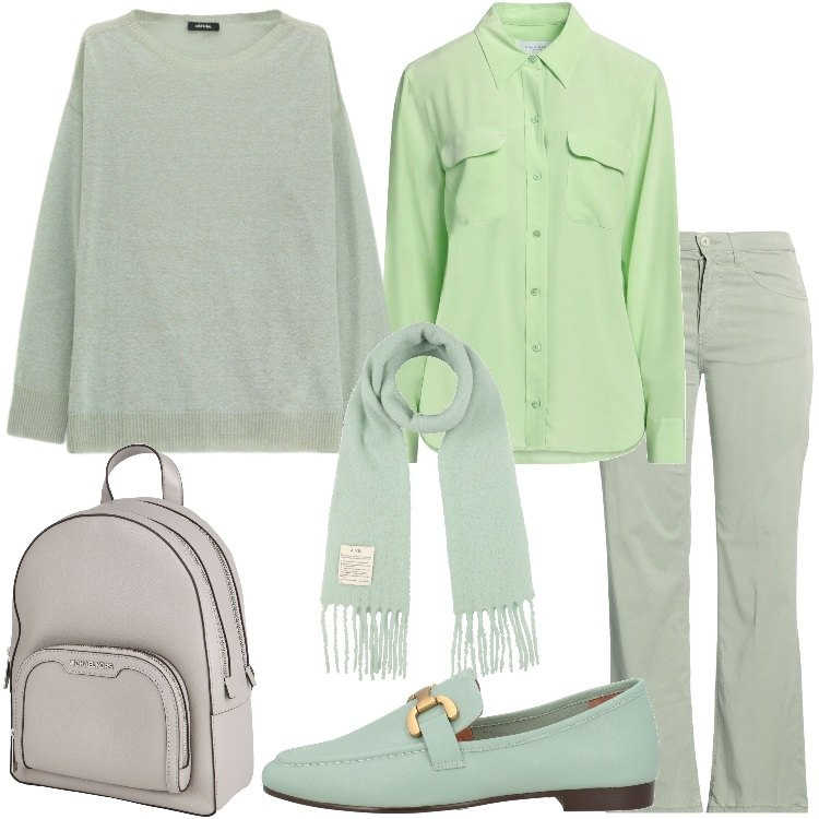Outfit donna - Sfumature di verde - @antonellal. Stile Basic per Tutti i giorni. Abbinamento con zaini, sciarpe, mocassini, pantaloni, camicie, maglieria.