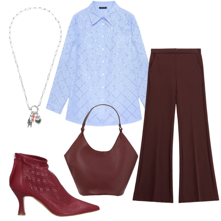 Outfit donna - Burgundy Fusion. Stile Casual chic per Tutti i giorni. Abbinamento con stivaletti, pantaloni, camicie, borse a spalla, ciondoli.