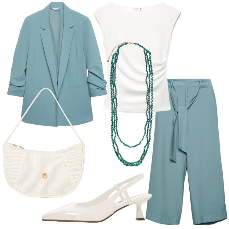 Outfit donna - Sfumature di verde - @antonellal. Stile Bon Ton per Cerimonia. Abbinamento con décolleté, blazer, pantaloni a palazzo, top, collane, borse a mano.