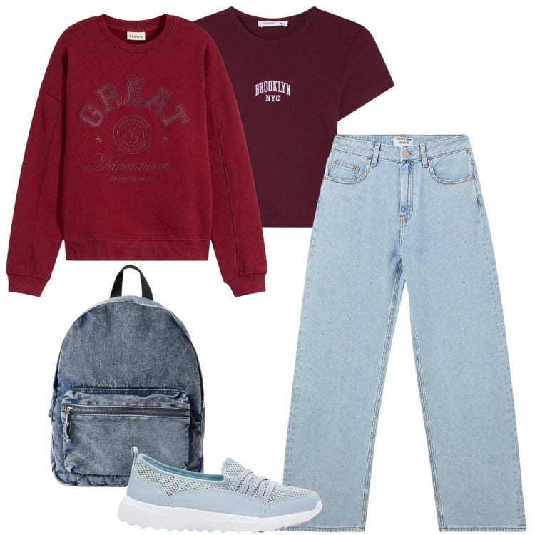 Outfit donna - Celeste e bordeaux. Stile Sporty chic per Tutti i giorni. Abbinamento con sneakers, felpe, jeans, zaini, t-shirt.