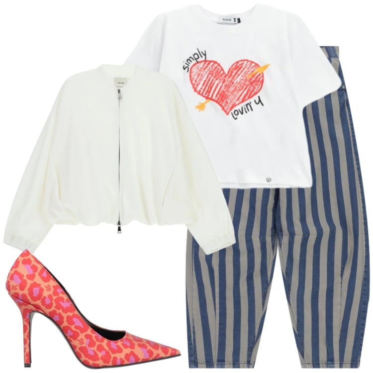 Outfit donna - Righe e macchie. Stile Casual chic per Serata fuori. Abbinamento con décolleté, bomber, pantaloni a palazzo, t-shirt.