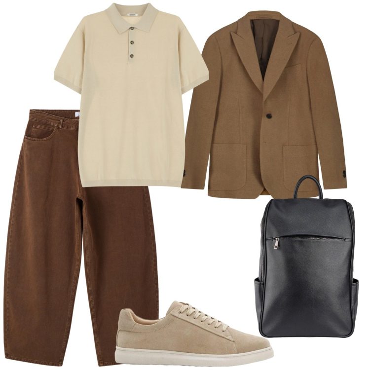 Outfit uomo - Toni chiari. per Ufficio. Abbinamento con sneakers, polo, jeans dritti, borse sportive, giacche.