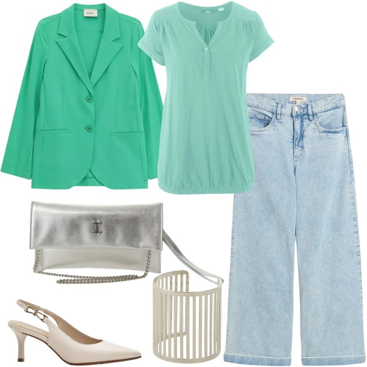 Outfit donna - Sfumature di verde. Stile Casual chic per Tutti i giorni. Abbinamento con maglieria, jeans, décolleté, borse a tracolla, braccialetti, blazer.