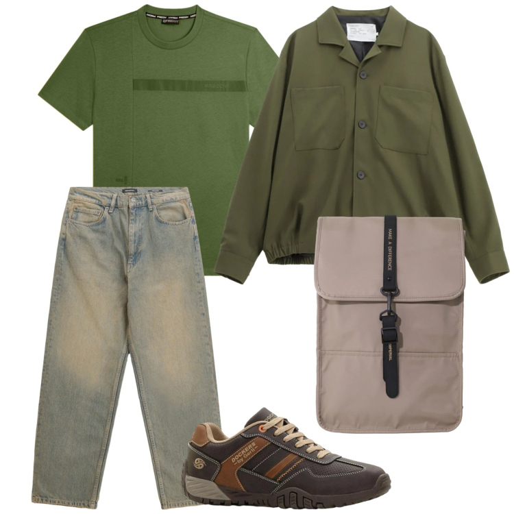 Outfit uomo - Un fuori porta. per Mare. Abbinamento con sneakers, cappotti, jeans, borse sportive, t-shirt.
