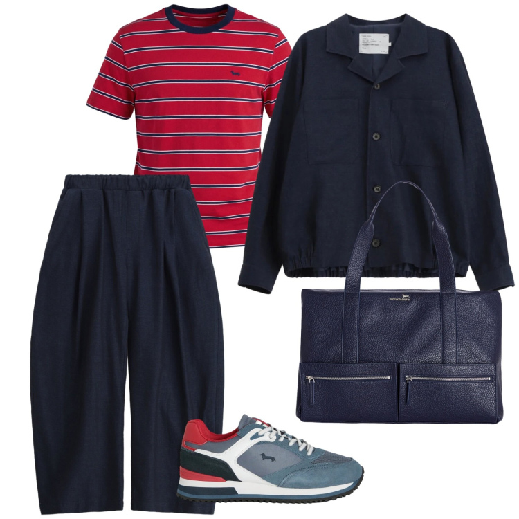 Outfit uomo - Un fuori porta. per Mare. Abbinamento con sneakers, borse sportive, t-shirt, pantaloni, cappotti.