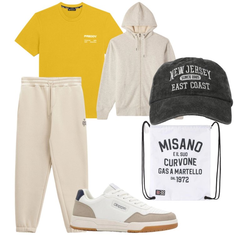 Outfit uomo - Sportivo. per Sport. Abbinamento con sneakers, pantaloni, borse sportive, cappelli con visiera, felpe con cappuccio, t-shirt.