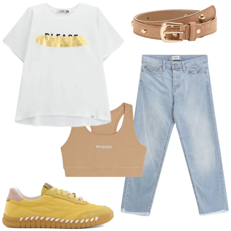 Outfit donna - Primavera Leggerezza. Stile Urban per Tutti i giorni. Abbinamento con cinture, jeans, t-shirt, top sportivi, sneakers.