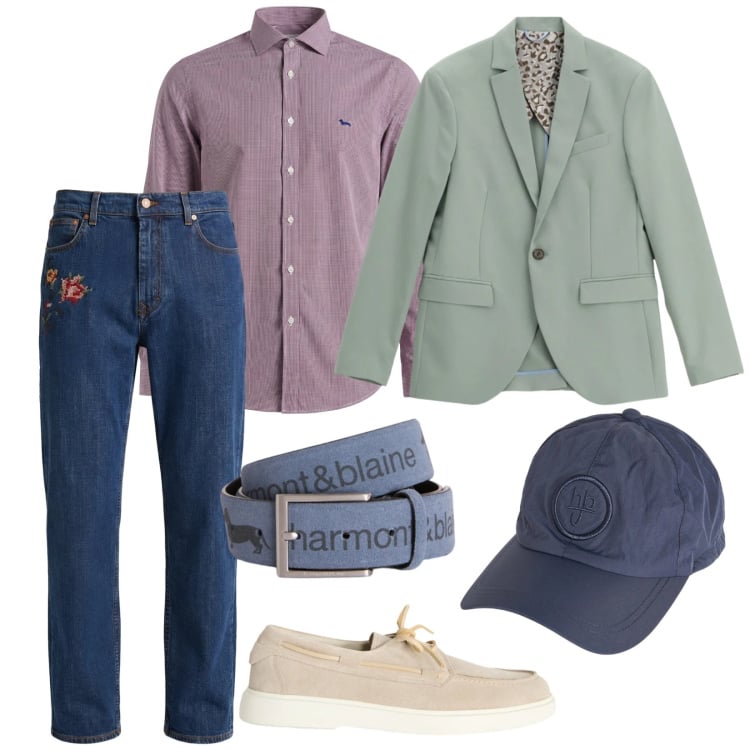 Outfit uomo - Colori di primavera. per Ufficio. Abbinamento con scarpe stringate, jeans, cinture, camicie, cappelli, giacche.