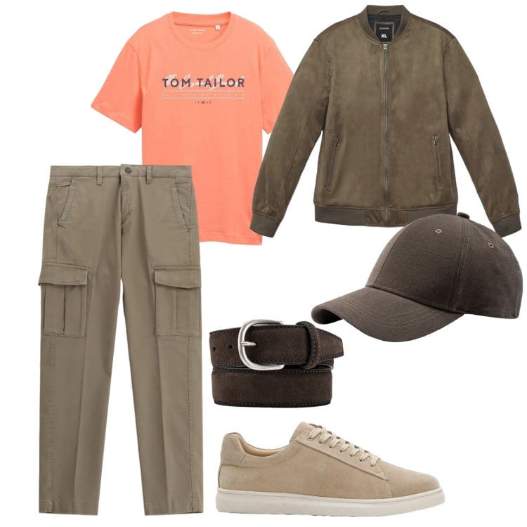 Outfit uomo - Nel fine settimana. per Tutti i giorni. Abbinamento con t-shirt, sneakers, pantaloni cargo, giacche, cinture, cappelli con visiera.