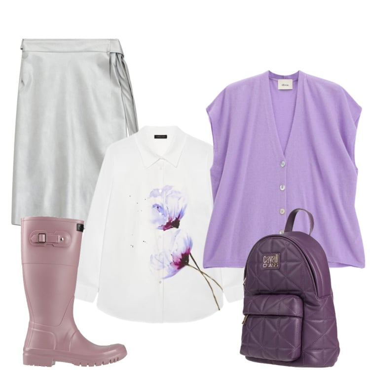 Outfit donna - In ufficio. Stile Sporty chic per Ufficio. Abbinamento con zaini, stivali di gomma, camicie, gonne longuette, gilet.