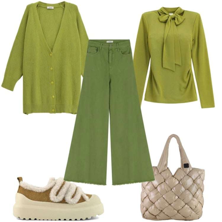 Outfit donna - Sfumature di verde -70s. Stile 70s per Tutti i giorni. Abbinamento con maglieria, pantaloni, cardigans, borse tote, sneakers.
