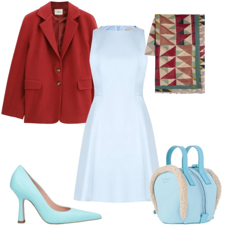 Outfit donna - Celeste e bordeaux - e sei trendy. Stile Trendy per Tutti i giorni. Abbinamento con zaini, décolleté, sciarpe, blazer, vestiti corti.