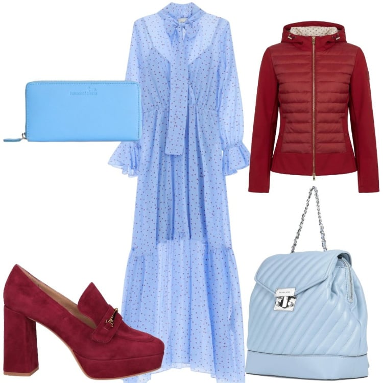 Outfit donna - Celeste e bordeaux - romantica. Stile Romantica per Tutti i giorni. Abbinamento con zaini, mocassini, giacche, portafogli, vestiti lunghi.
