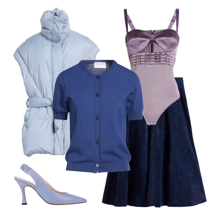 Outfit donna - Toni di blu. Stile Bon Ton per Ufficio. Abbinamento con body, cinture, décolleté, cardigans, gonne.