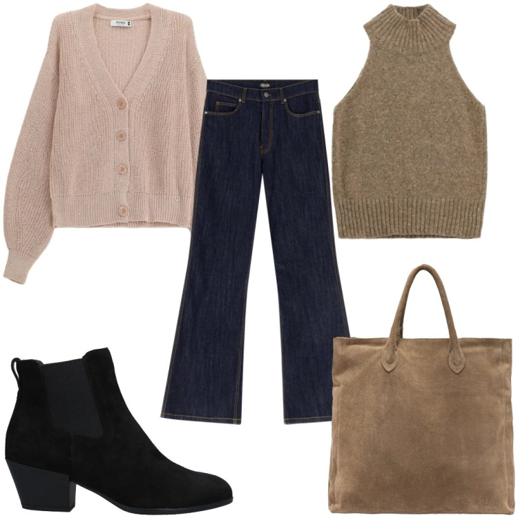 Outfit donna - Maglia leggera protagonista: il cardigan. Stile 70s per Tutti i giorni. Abbinamento con stivaletti chelsea, jeans a zampa, top, cardigans, borse a mano.