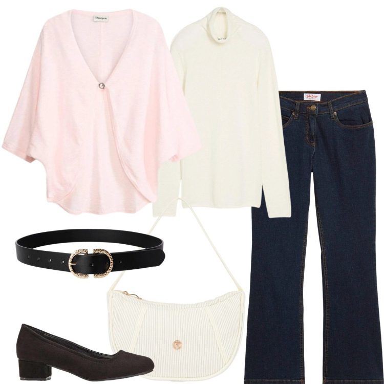 Outfit donna - Maglia leggera protagonista. Stile Casual chic per Ufficio. Abbinamento con jeans bootcut, cardigans, décolleté, maglieria, cinture, borse a mano.