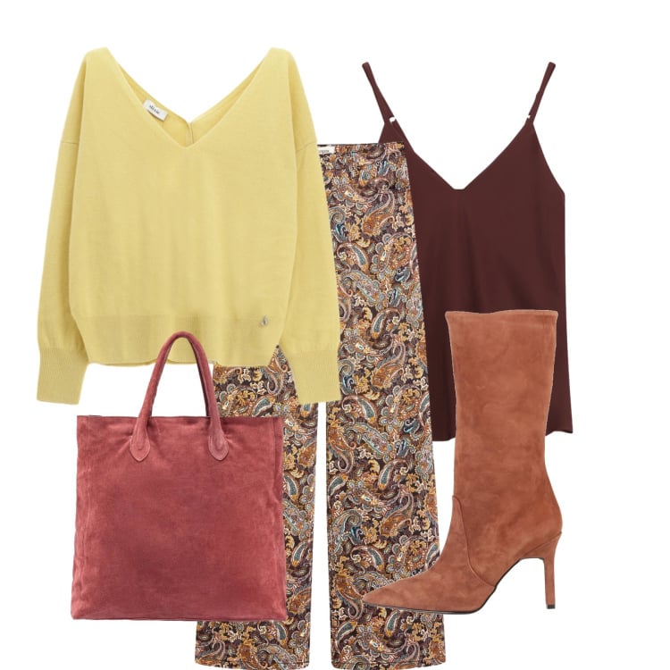 Outfit donna - Non è ancora primavera. Stile Boho per Tutti i giorni. Abbinamento con stivali, pantaloni, maglieria, top, borse a mano.