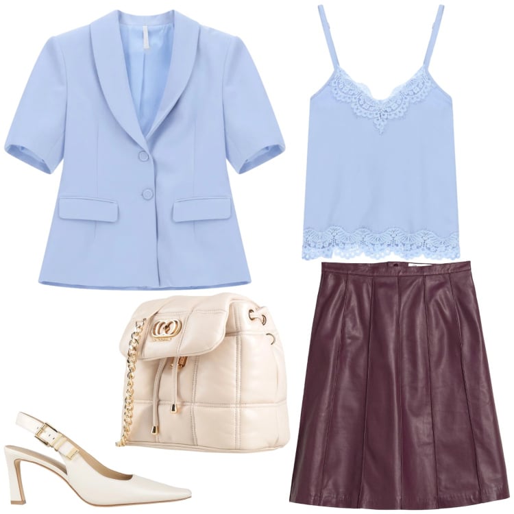 Outfit donna - Blue Serenity & Deep Bordeaux. Stile Glamour per Tutti i giorni. Abbinamento con décolleté, valigie, gonne, blazer, top.