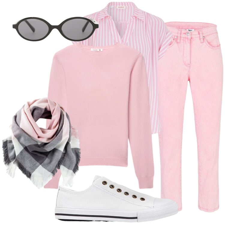 Outfit donna - The Pink lady. Stile Casual chic per Scuola/Università. Abbinamento con pantaloni, sneakers, foulard, bluse, maglieria, occhiali da sole.