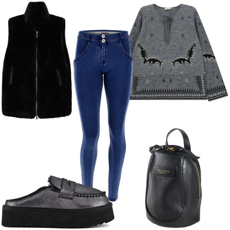 Outfit donna - Total look #2361253. Stile Etnico per Tutti i giorni. Abbinamento con zaini, gilet, maglieria, jeggings, mocassini.