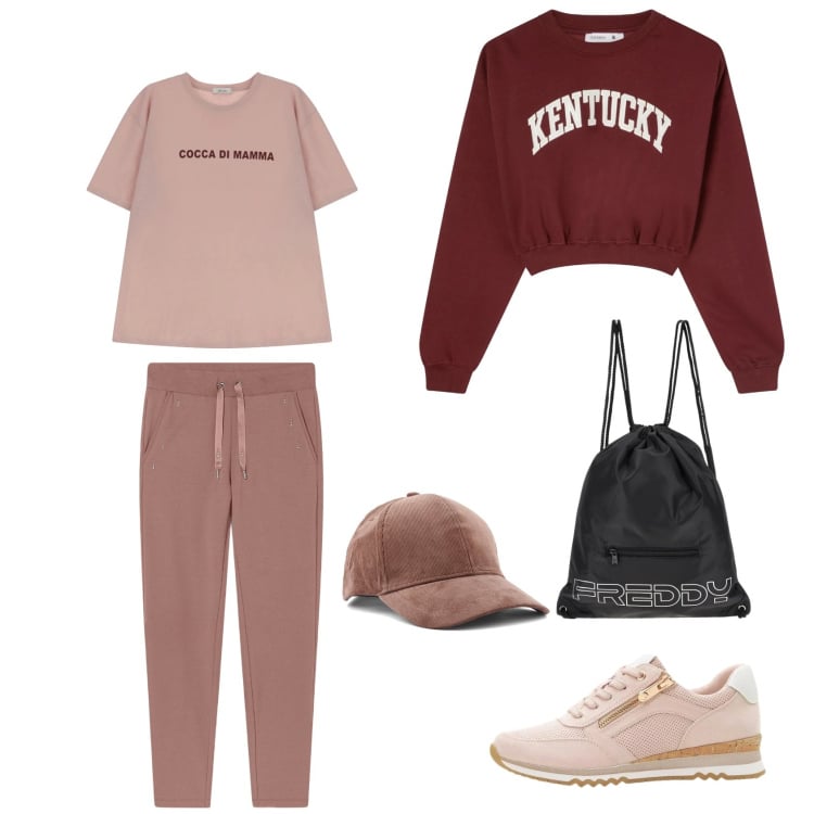 Outfit donna - Mattinata sportiva. Stile Sporty chic per Sport. Abbinamento con sneakers, felpe, t-shirt, zaini, pantaloni sportivi, cappelli con visiera.