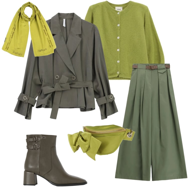 Outfit donna - Sfumature di verde. Stile Casual chic per Tutti i giorni. Abbinamento con marsupi, sciarpe, stivaletti, blazer, pantaloni a palazzo, cardigans.