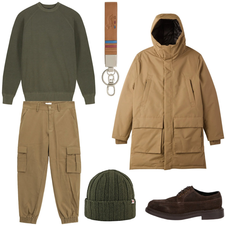 Outfit uomo - Freddo lunedì. Stile Casual per Tutti i giorni. Abbinamento con portachiavi, pantaloni cargo, parka, cappelli, scarpe stringate, maglieria.
