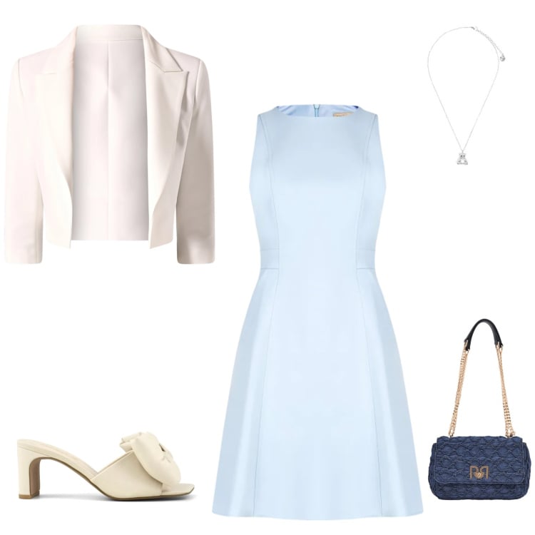 Outfit donna - Primavera. Stile Chic per Cerimonia. Abbinamento con ciondoli, borse a spalla, blazer, vestiti corti, sandali col tacco.