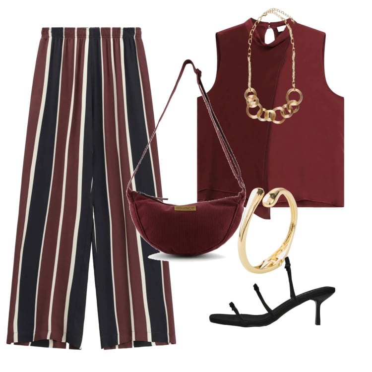 Outfit donna - Bordeaux. Stile Casual per Tutti i giorni. Abbinamento con braccialetti, sandali col tacco, pantaloni a palazzo, collane, top, borse a tracolla.