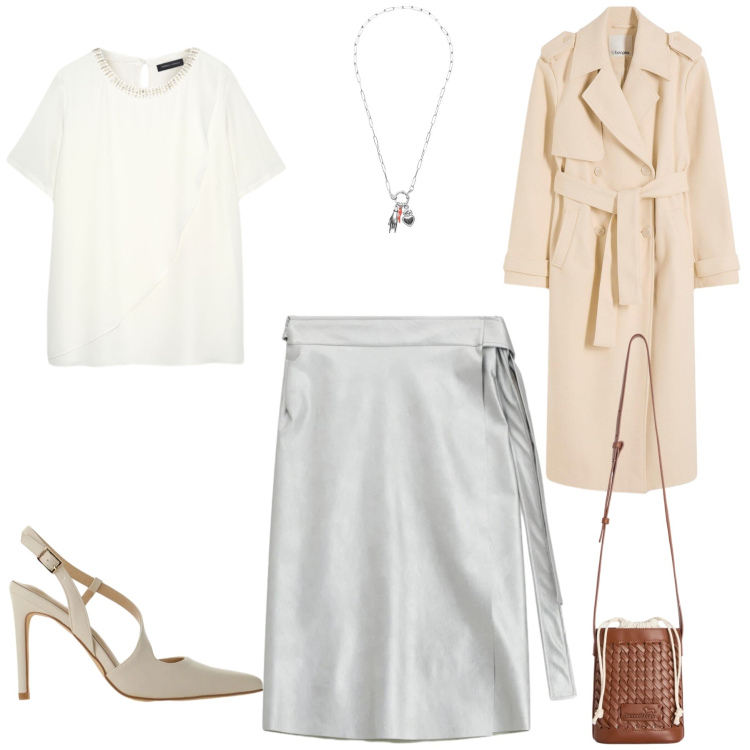 Outfit donna - Raffinatezza. Stile Etnico per Tutti i giorni. Abbinamento con trench, borse a secchiello, décolleté, bluse, gonne longuette, ciondoli.