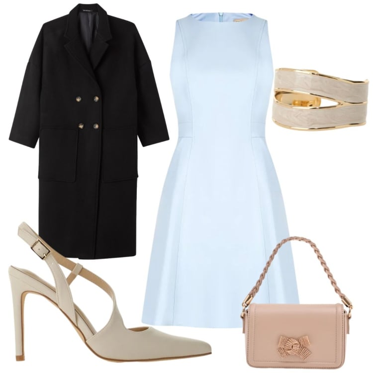 Outfit donna - Total look #2361269. Stile Chic per Cerimonia. Abbinamento con décolleté, cappotti, anelli, pochette, vestiti corti.