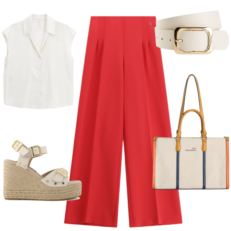 Outfit donna - Casual…ma., .. Stile Casual chic per Tutti i giorni. Abbinamento con cinture, borse tote, camicie, pantaloni a palazzo, zeppe.