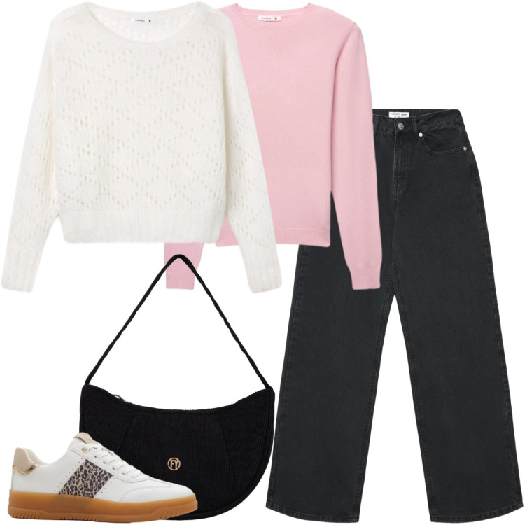 Outfit donna - Maglia leggera protagonista. Stile Casual chic per Tutti i giorni. Abbinamento con sneakers, jeans, maglieria, maglieria, borse a mano.