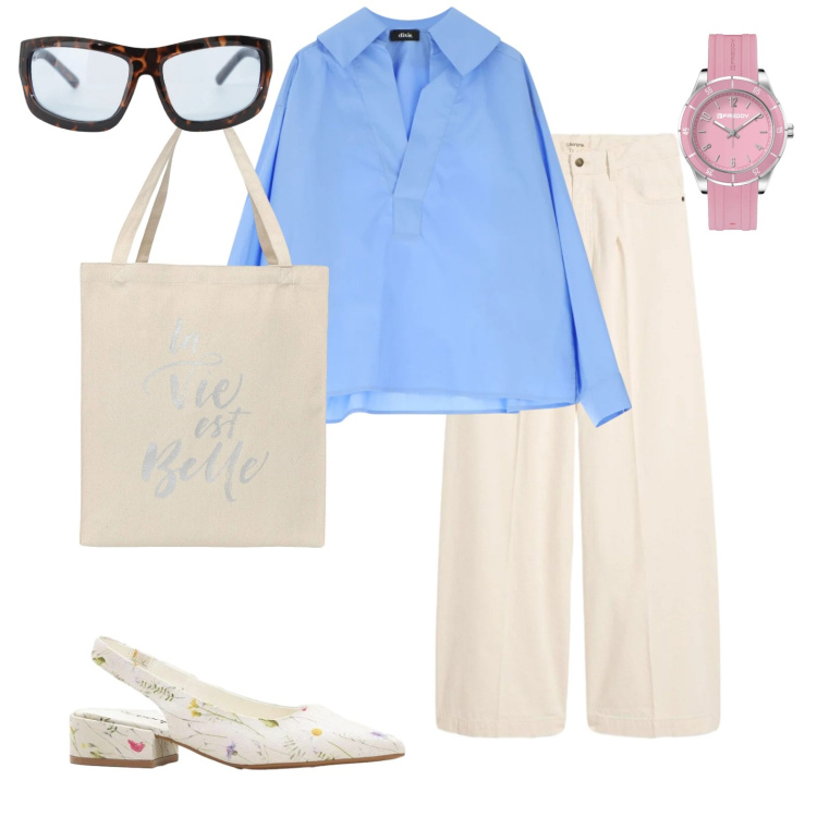 Outfit donna - Scarpe con la primavera disegnata. Stile Casual per Ufficio. Abbinamento con décolleté, jeans, borse tote, occhiali da sole, camicie, orologi.