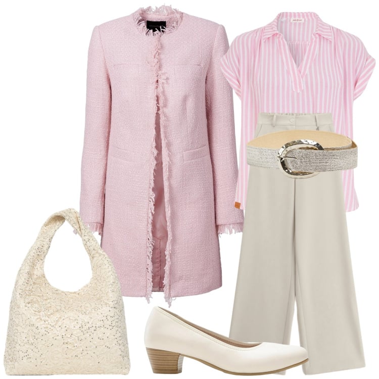 Outfit donna - A marzo mi valorizzo. Stile Glamour per Tutti i giorni. Abbinamento con bluse, décolleté, blazer, cinture, borse a spalla, pantaloni a palazzo.