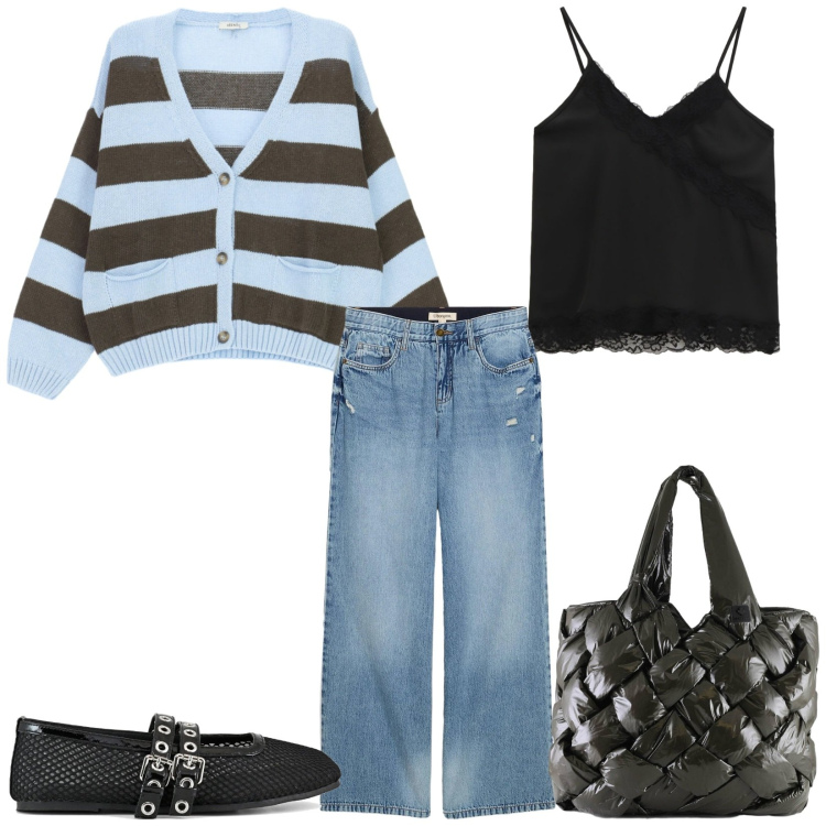 Outfit donna - Total look #2361277. Stile Casual chic per Tutti i giorni. Abbinamento con jeans, top, cardigans, borse tote, ballerine.