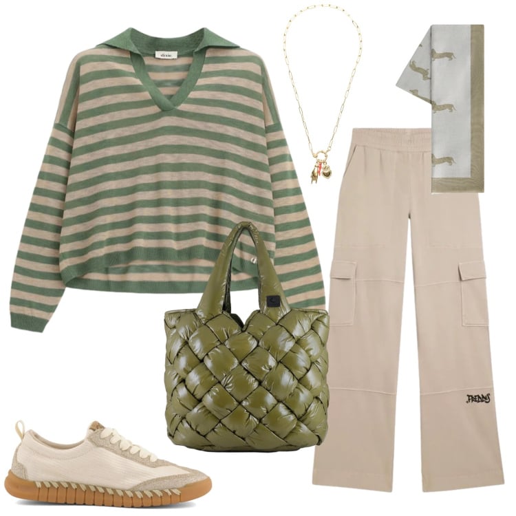 Outfit donna - Il Comfort incontra lo Stile Utility. Stile Casual chic per Tutti i giorni. Abbinamento con sciarpe, maglieria, ciondoli, pantaloni cargo, borse tote, sneakers.