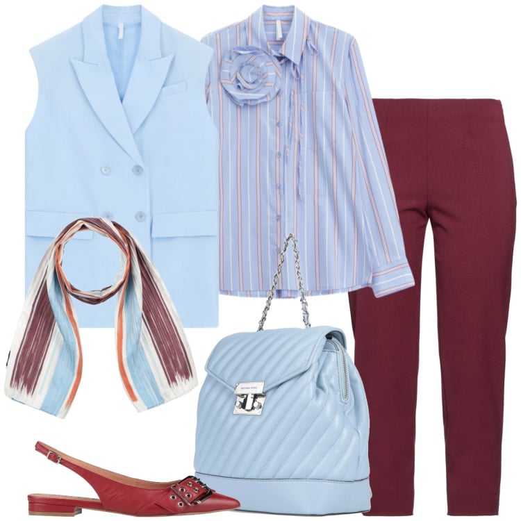 Outfit donna - Celeste e bordeaux. Stile Casual chic per Serata fuori. Abbinamento con zaini, sciarpe, ballerine, pantaloni, camicie, gilet.