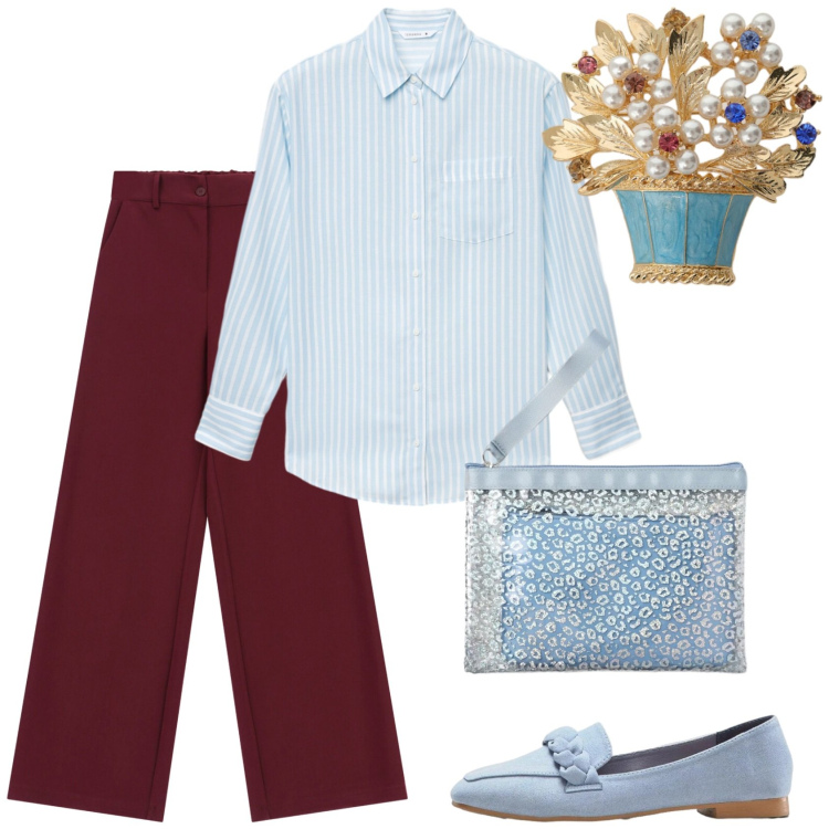 Outfit donna - Tra inverno e primavera. Stile Casual per Tutti i giorni. Abbinamento con mocassini, pochette, camicie, pantaloni a palazzo, blazer.