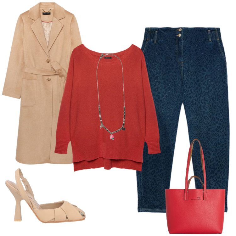 Outfit donna - Cinnabar & Camel. Stile Casual chic per Tutti i giorni. Abbinamento con décolleté, shopping bag, jeans, cappotti, pullovers, ciondoli.