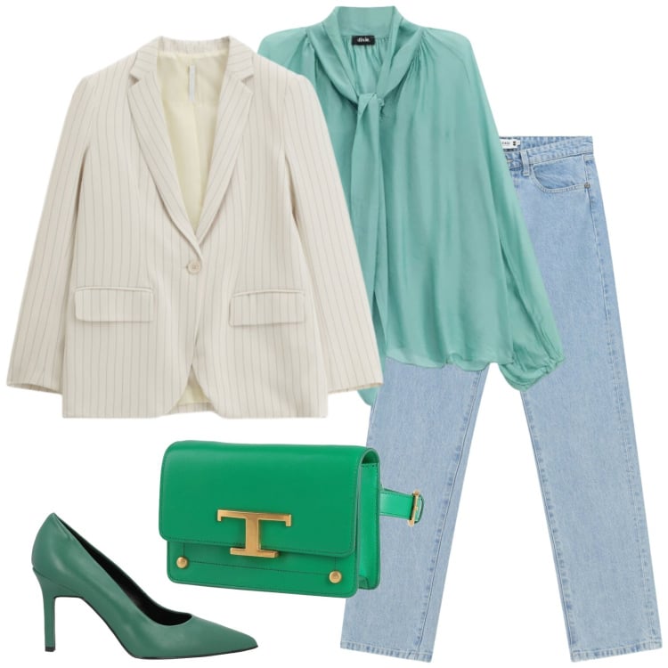 Outfit donna - Verde a marzo. Stile Casual chic per Serata fuori. Abbinamento con décolleté, marsupi, blazer, bluse, jeans dritti.