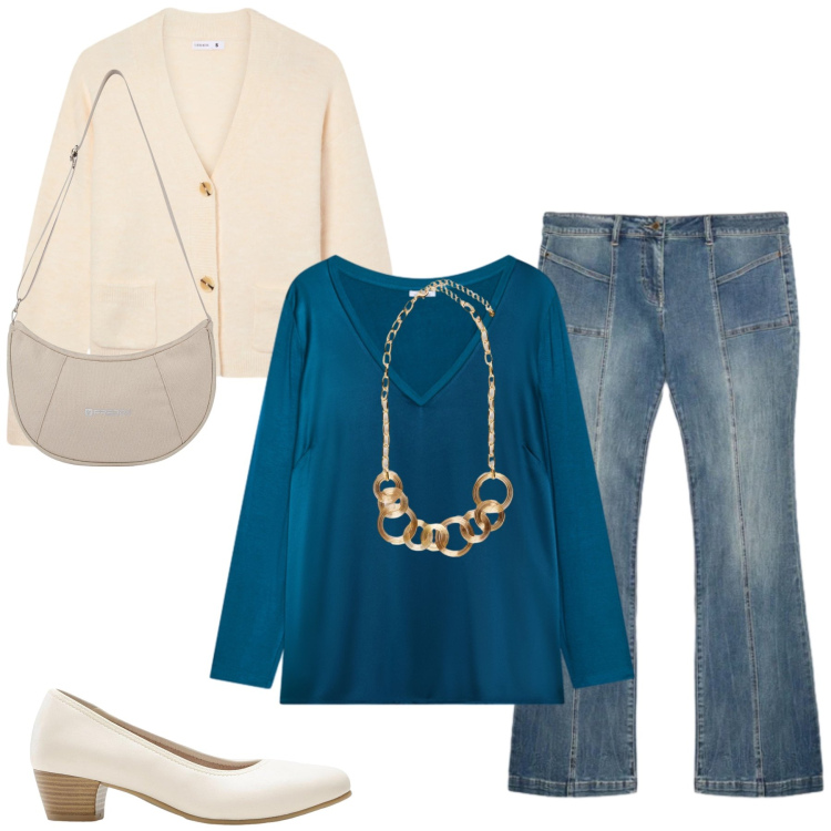 Outfit donna - Armonia Quotidiana e Tagli Retrò. Stile Casual chic per Tutti i giorni. Abbinamento con décolleté, cardigans, jeans, collane, bluse, borse a spalla.