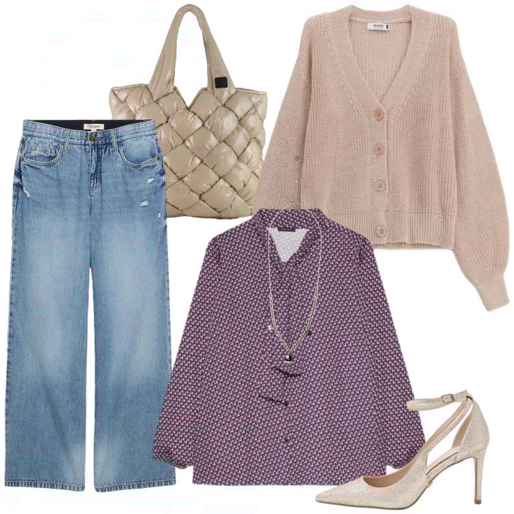 Outfit donna - New Casual Romantico. Stile Glamour per Tutti i giorni. Abbinamento con jeans, camicie, cardigans, ciondoli, décolleté, borse tote.