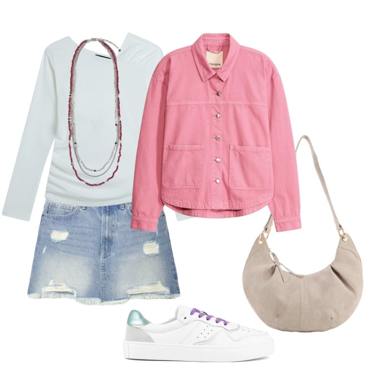 Outfit donna - La gonna di jeans. Stile Urban per Tutti i giorni. Abbinamento con borse a tracolla, cappotti, minigonne, collane, maglieria, sneakers.