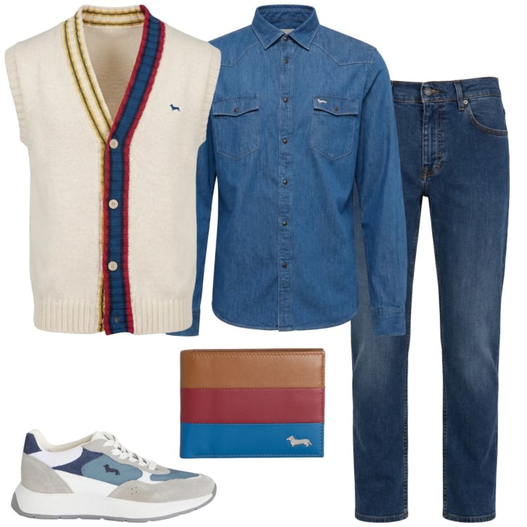 Outfit uomo - Un Mood sportivo. Stile Trendy per Tutti i giorni. Abbinamento con sneakers, jeans, portafogli, camicie, gilet.