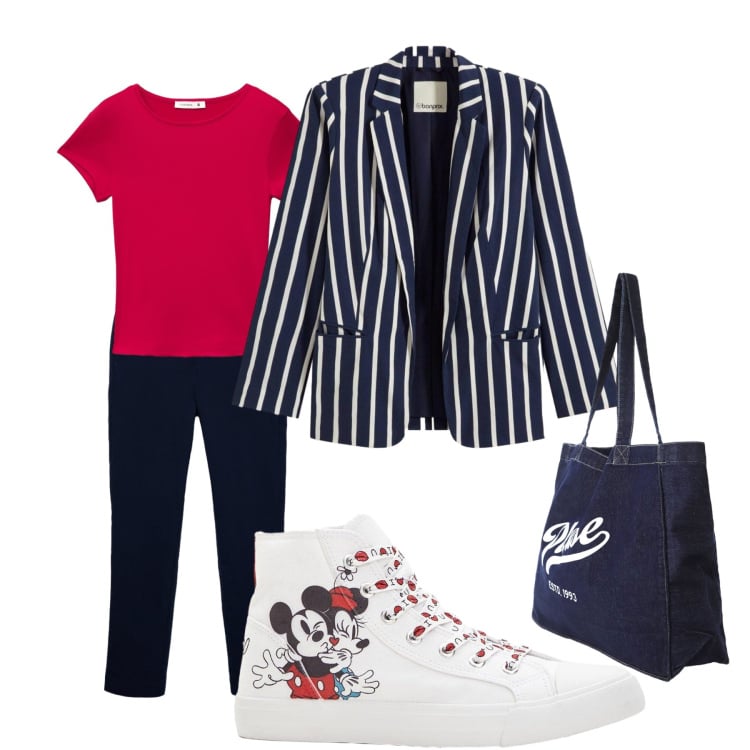 Outfit donna - Navy e easy. Stile Casual per Ufficio. Abbinamento con blazer, sneakers alte, t-shirt, pantaloni skinny, shopping bag.
