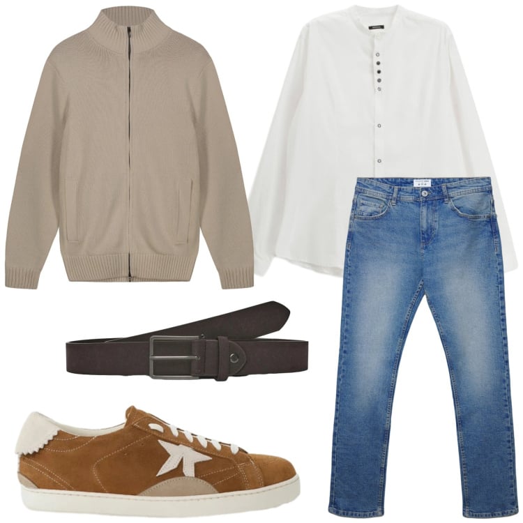 Outfit uomo - Total look #2361296. Stile Casual per Tutti i giorni. Abbinamento con camicie, sneakers, cinture, jeans dritti, cardigans.