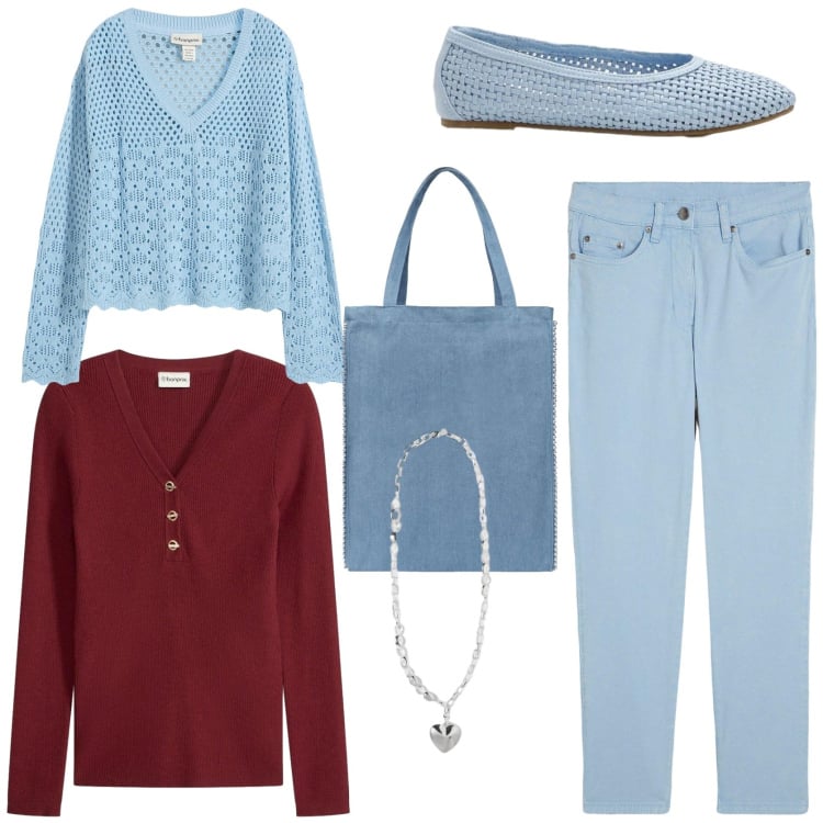 Outfit donna - Tempo libero. Stile Casual chic per Tutti i giorni. Abbinamento con maglieria, maglieria, ballerine, pantaloni, borse tote, collane.