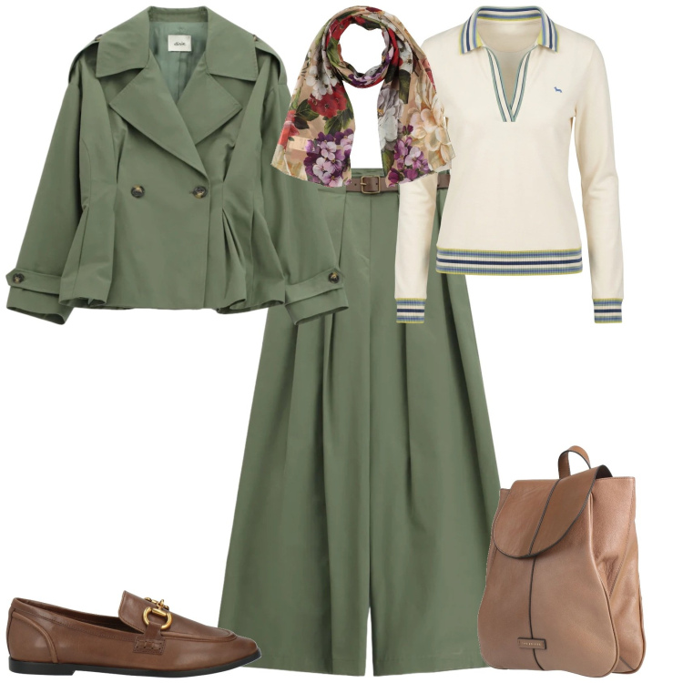 Outfit donna - Trendy ufficio tempo libero. Stile Trendy per Tutti i giorni. Abbinamento con sciarpe, mocassini, zaini, polo, pantaloni a palazzo, blazer.